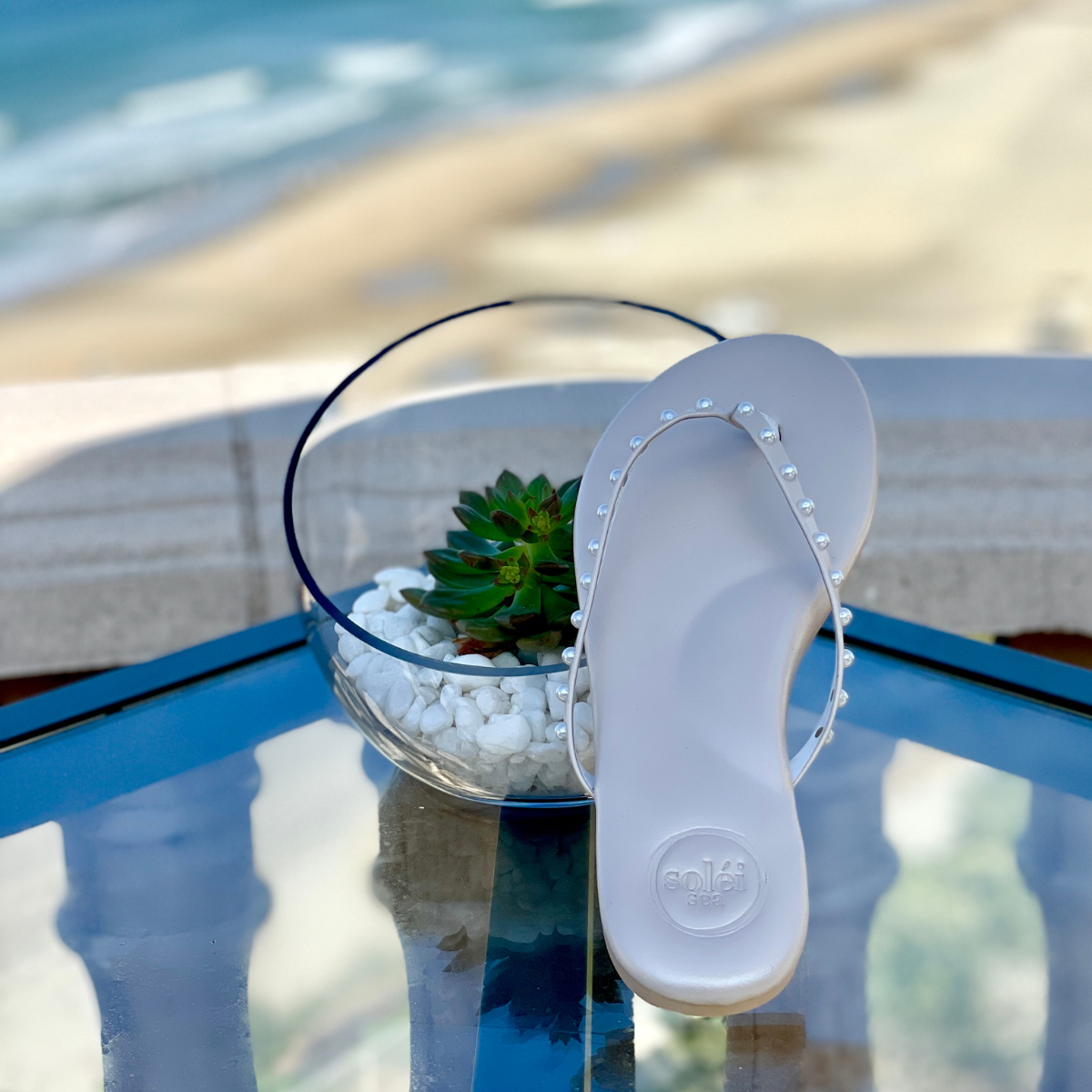 Solei Sea Women's Flip flop Perla Sandal with a kiss of pink and white pearls