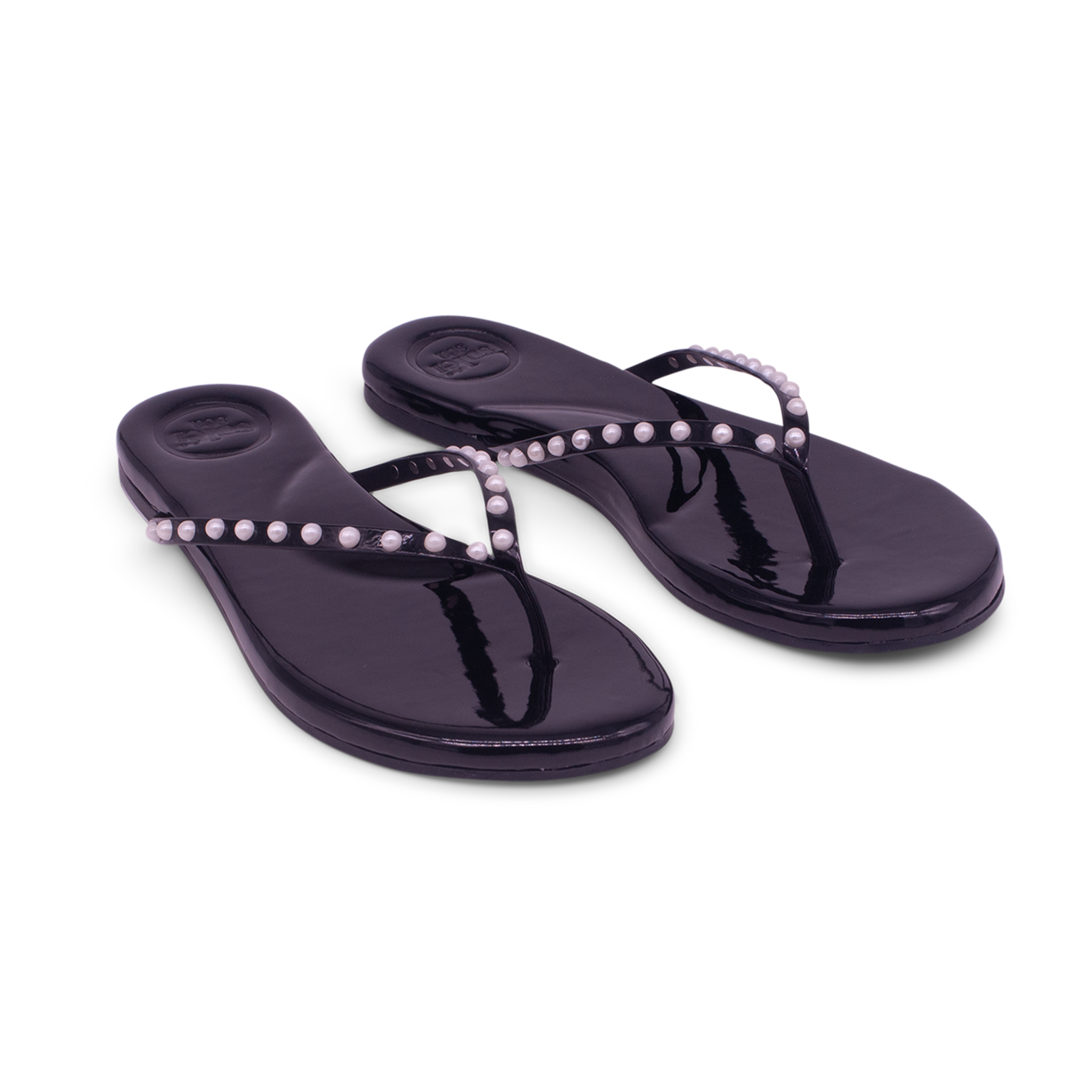Indie Flip Flop sandal with white pearls and patent vegan leather in black