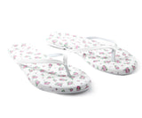 Beautiful White Flip Flop with Pink Rosebud Print, Arch support, Padded footbed for comfort and style