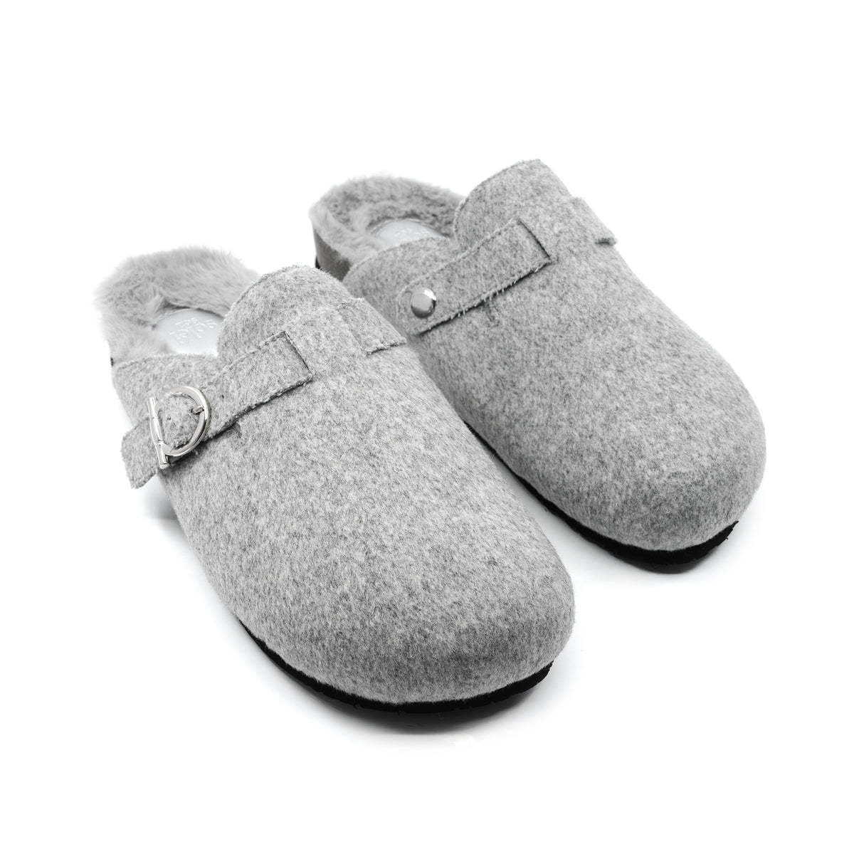 A pair of light gray felt clogs with a soft fleece lining and a decorative strap with a silver buckle, shown on a white background.