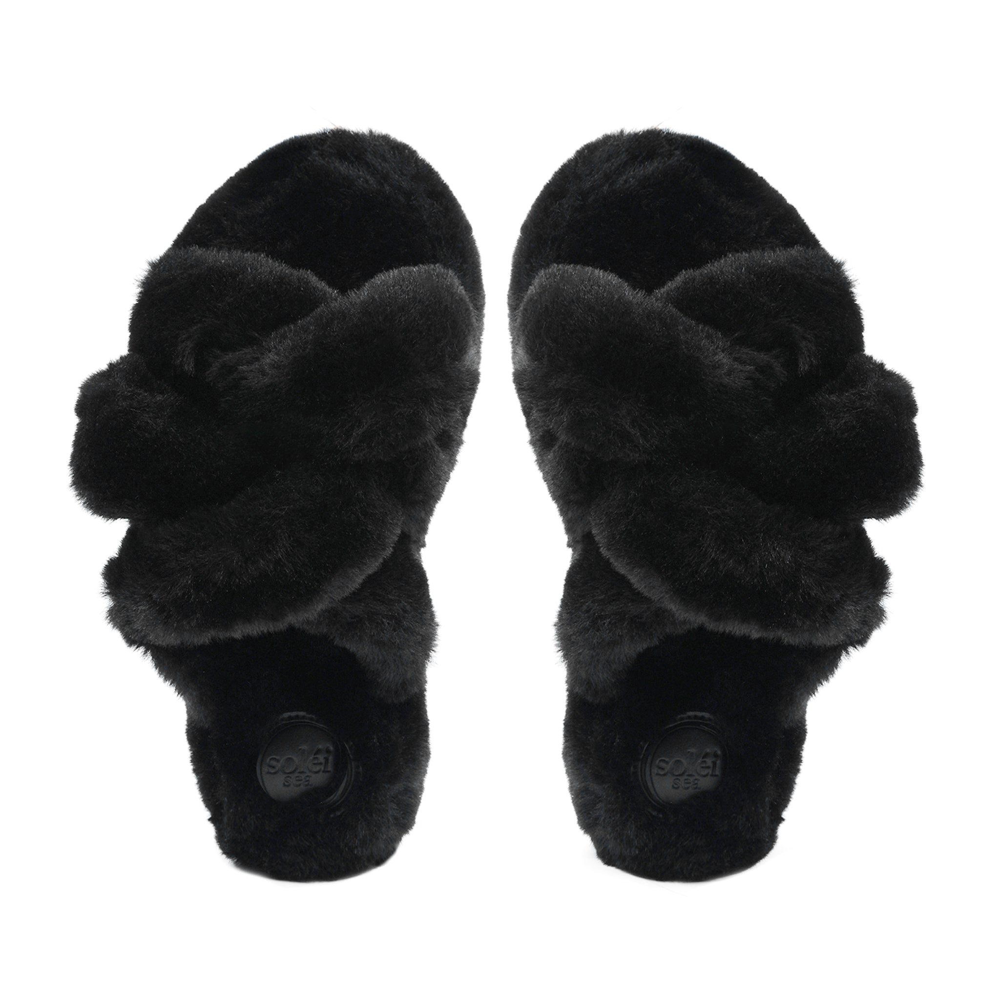 NEVIE crisscross faux fur slipper in Black on a puffy platform footbed