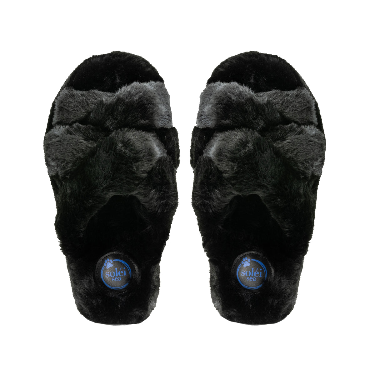 NEVIE faux fur slipper in Black, pair from above showing the crisscross straps