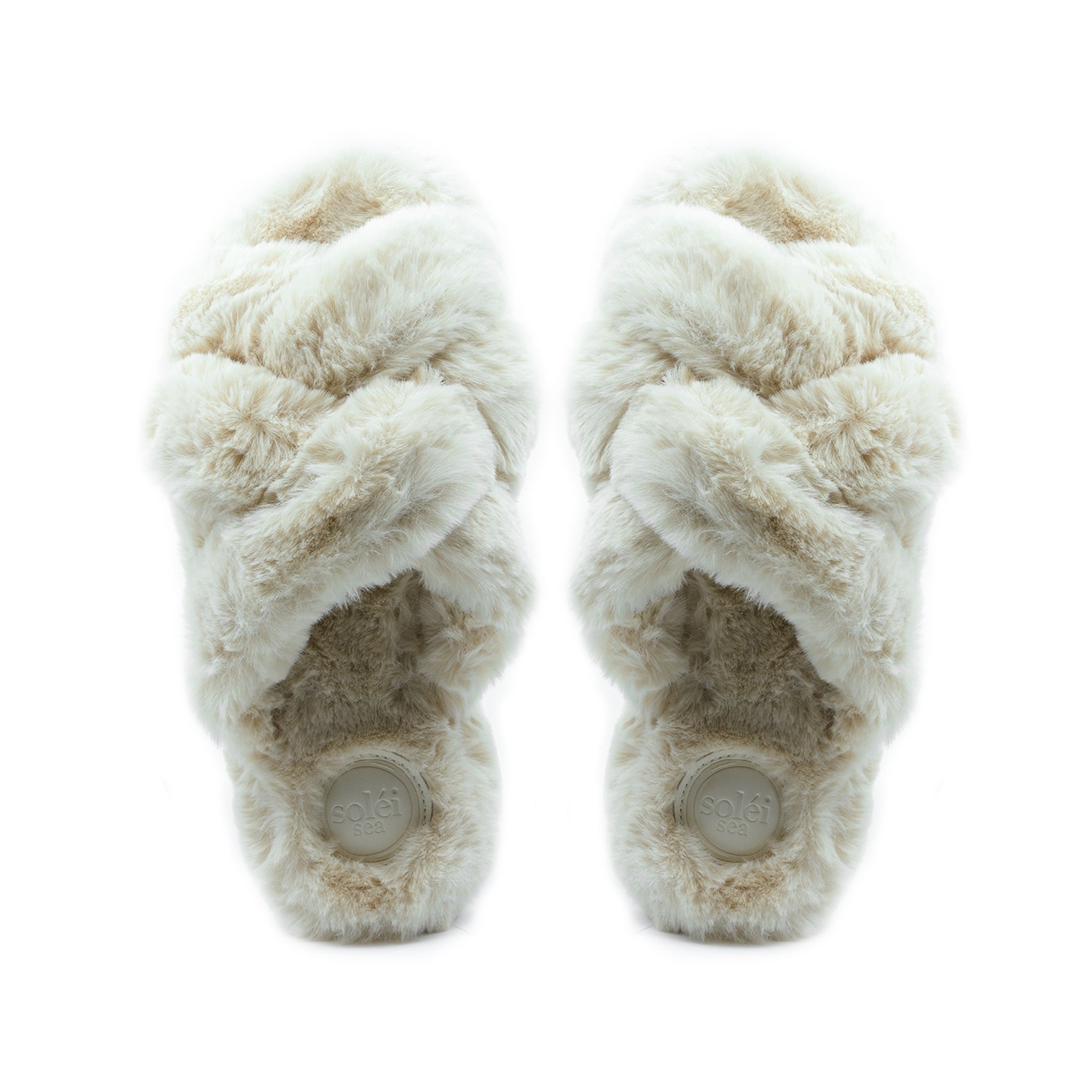 NEVIE crisscross faux fur slipper in Crème on a puffy platform footbed