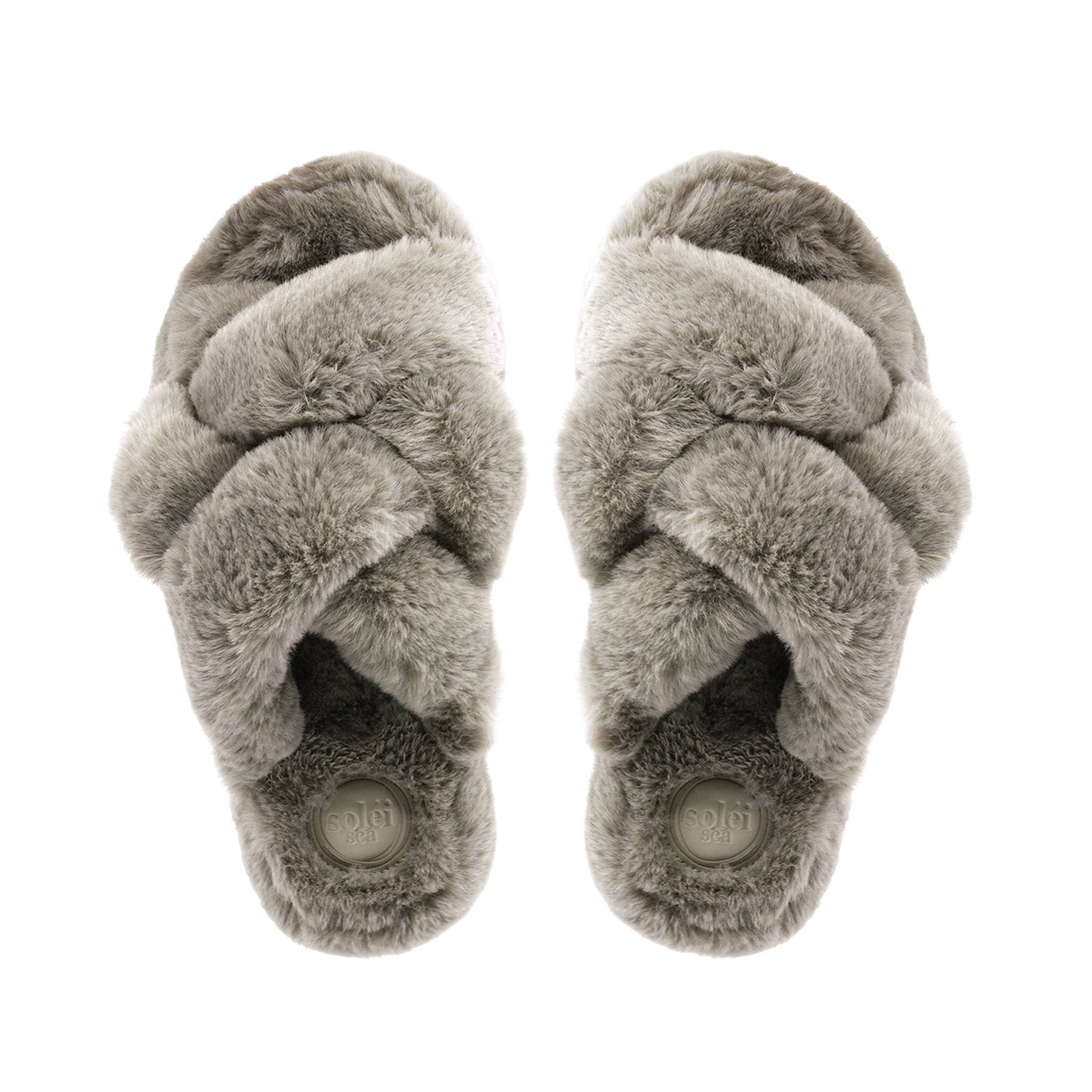 NEVIE crisscross faux fur slipper in Fog on a puffy platform footbed