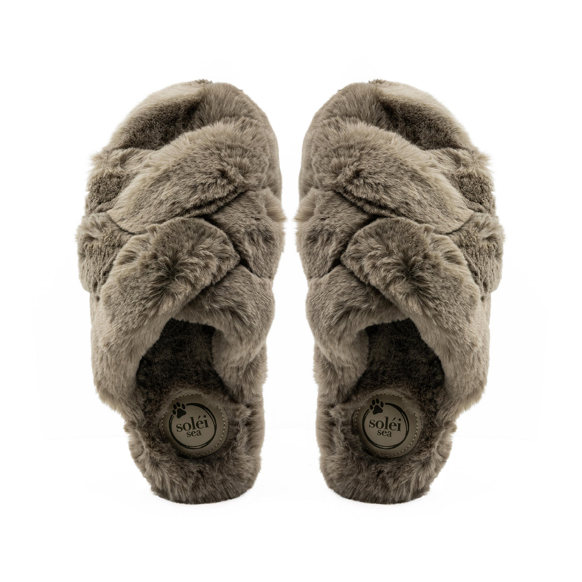 NEVIE faux fur slipper in Fog, pair from above showing the crisscross straps