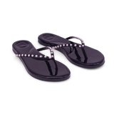 Indie Flip Flop sandal with white pearls and patent vegan leather in black